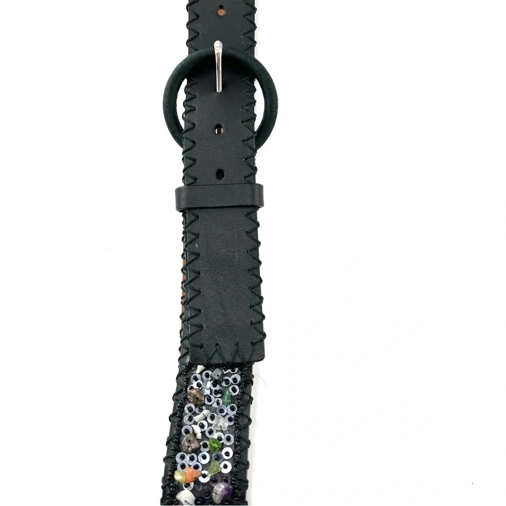 Leather Gemstone Belt Embellished Black‎ Sz M Sequins Multicolored
